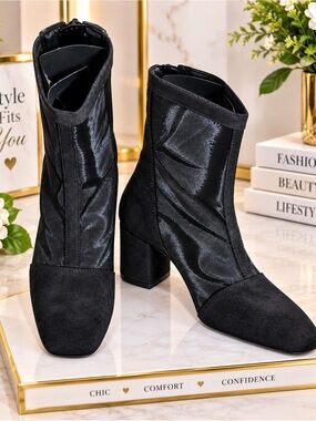 Black Women's Ankle Boots - Sleek Stretch and Suede Design
